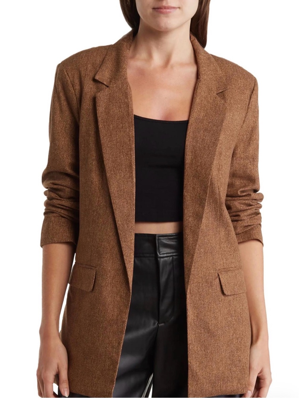 Long Open-Front Women's Blazer Jacket - Brown